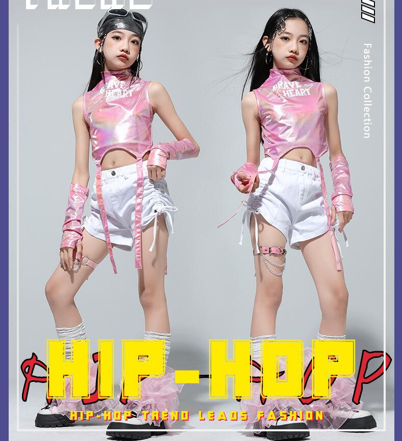 女の子 ヒップスカーフ ベストスパンコール付き レザー 光沢あり 半ズボン 演出服 かっこいい ヒップホップ ジャズ ダンス衣装