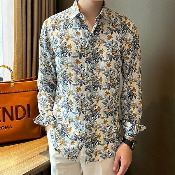 花 もみじ 楓 フラワー きれいめ ボタニカル 植物柄 ブルー 青 マスタード からし色 リゾート 長袖 長袖シャツ オーバーサ sshop1-10026315 Sショップ サンプル画像2