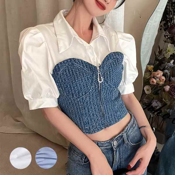 乐天商城 - デニムステッチシャツ?フェイクツーピース レディース トップス シャツ ブラウス ショート 半袖 パフスリーブ ポロカラ