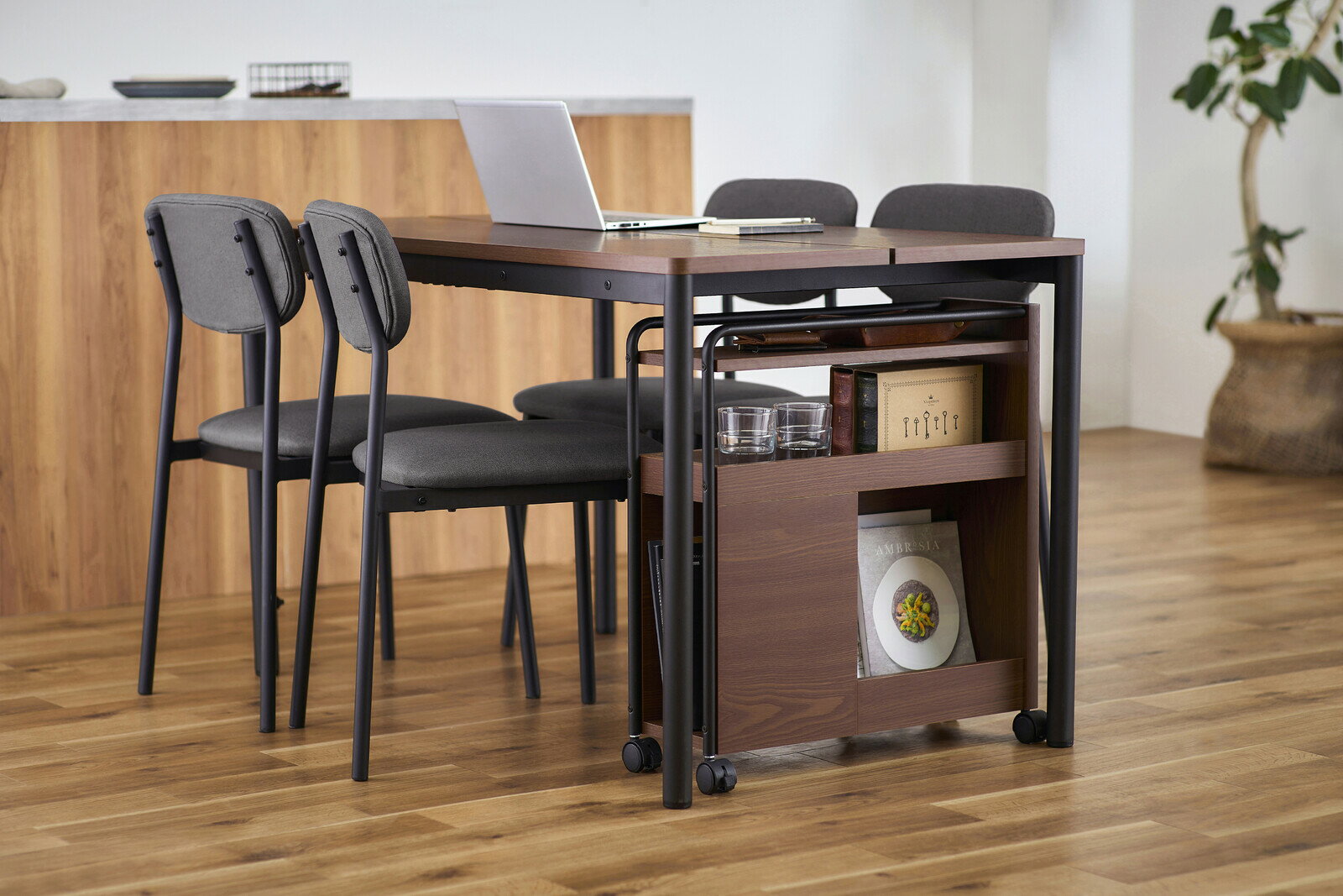 ダイニングテーブルセット テーブル チェア4脚 ワゴン付き ウォールナット W1196×D700×H710 デスク