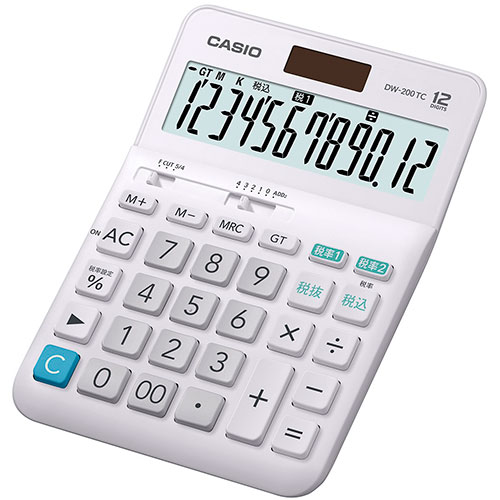 [商品名]カシオ計算機 CASIO W税率電卓 デスクタイプ12桁 DW-200TC-N代引き不可商品です。代金引換以外のお支払方法をお選びくださいませ。軽減税率に対応する、便利な2つの税率キーを搭載。2つの税率計算が可能な「W税率」機能を搭載エコマーク認定/表示が見やすい特大表示液晶/12桁机の上にこれ1台!キーが大きいデスクタイプ　　●製品特長:W税率機能(2つの税率計算 軽減税率対応)傾斜表示エコマーク商品(06135002)●製品タイプ:デスクタイプ(卓上で便利)●桁数:12桁●液晶ディスプレイ:計算状態表示3桁位取り表示●キーの特徴:プラスチックキー凹凸キー●キーの機能:早打ち機能(2キーロールオーバー)ツーゼロ(00)桁下げ(バックスペース: )●メモリー:メモリー数 2総合計(グランドトータル計算)独立メモリー(M+、M-、MRCキー方式)●電源:T・W・P(ソーラー・電池の2電源)電池　CR2032 × 1電池寿命　約7年(1日1時間使用時)オートパワーオフ●サイズ(奥行 × 幅 × 高さ):179 × 126 × 30.9 mm●質量:165g●表示形式の設定:小数点セレクター(4/3/2/1/0/ADD2)ラウンドセレクター(表示桁数内での小数表示/切り捨て/四捨五入)●基本計算:四則計算四則定数計算マルチパーセント計算概数計算保証期間:1年間生産国:中国※入荷状況により、発送日が遅れる場合がございます。