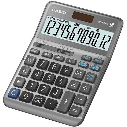 [商品名]カシオ計算機 CASIO 軽減税率電卓 デスクタイプ12桁 DF-200RC-N代引き不可商品です。代金引換以外のお支払方法をお選びくださいませ。「W税率」&「税計算合計」機能を搭載した軽減税率対応モデル「W税率」&「税計算合計」機能を搭載!軽減税率電卓税率が混在する合計(税込/税抜/税額)の計算に便利12桁/キーが大きいデスクタイプ/エコマーク認定●製品特長:税計算合計機能(軽減税率対応:特許第6635132号) W税率機能(2つの税率計算 軽減税率対応)傾斜表示エコマーク商品(06135002)●製品タイプ:デスクタイプ(卓上で便利)●桁数:12桁●液晶ディスプレイ:計算状態表示 3桁位取り表示●キーの特徴:プラスチックキー 凹凸キー●キーの機能:早打ち機能(2キーロールオーバー) ツーゼロ(00)桁下げ(バックスペース: )サインチェンジ(符号切替)●メモリー:メモリー数 2 総合計(グランドトータル計算)独立メモリー(M+、M-、MRCキー方式)●電源:T・W・P(ソーラー・電池の2電源) 電池　CR2032 × 1電池寿命　約7年(1日1時間使用時)オートパワーオフ●サイズ(奥行 × 幅 × 高さ)179 × 126 × 30.9 mm●質量:180 g●表示形式の設定:小数点セレクター(4/3/2/1/0/ADD2) ラウンドセレクター(表示桁数内での小数表示/切り捨て/四捨五入)●基本計算:四則計算 四則定数計算マルチパーセント計算概数計算保証期間:1年間生産国:中国　※入荷状況により、発送日が遅れる場合がございます。