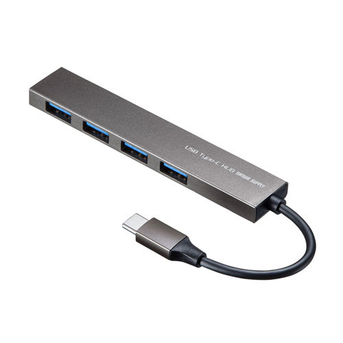 [商品名]サンワサプライ USB Type-C 4ポートスリムハブ USB-3TCH25SN代引き不可商品です。代金引換以外のお支払方法をお選びくださいませ。USB Type-CコネクタにUSB A機器を4台接続する超スリムUSBハブ●超スリムで持ち運びに便利なUSB Type-C ハブです。●高級感のあるアルミボディです。●Type-Cコネクタ搭載で、Type-Cポートを搭載したパソコンなどで使用できます。●USB Aポートが4個付で合計2台のUSB機器を接続することができるUSBハブです。●USB3.2 Gen1(5Gbps)[理論値]の転送速度に対応しています。●コンパクトで持ち運びに便利なサイズです。 【ご購入前にご確認ください】 ※本製品の最大転送速度はUSB3.2 Gen1(5Gbps)[理論値]になります。 ※本製品はUSB3.2 Gen1に対応しておりますがUSB3.2 Gen1の理論値(5Gbps)の転送速度を保証するものではありません。 ※本製品のUSB AポートにはUSB2.0/1.1規格の機器を接続できますが、転送速度はUSB2.0/1.1の転送速度になります。 ※本製品はUSBハブですが全てのUSB機器に接続、動作を保証できるものではありません。 ※USB3.2 Gen2には対応していません。 ※USB3.2 Gen1はUSB-IF(USB Implementers Forum )によりUSB3.1・3.0が名称変更されたもので同じ規格です。■インターフェース規格:USB仕様 Ver3.2 Gen1(USB3.1/3.0)準拠(USB Ver2.0/1.1上位互換) ※USB3.2 Gen1はUSB-IF(USB Implementers Forum )によりUSB3.1/3.0が名称変更されたもので同じ規格です。■通信速度:5Gbps, 480Mbps, 12Mbps, 1.5Mbps (理論値)■コネクタ形状(ダウンストリーム):USB3.2 Gen1 (USB3.1/3.0) Aコネクタ メス×4■コネクタ形状(アップストリーム):USB3.2 Gen1(3.1/3.0)Type-Cコネクタ オス■コネクタ形状(PC接続側):USB Type-C■電源:バスパワー■供給電流:830mA 最大 (全ポート合計) ※接続する機器の消費電流が本製品の供給電流を超える場合、バスパワーで正常に動作しない場合があります。■ポート数(合計):4ポート■PD対応:非対応■対応OS ChromeOS:ChromeOS ※ChromeOSの対応は弊社WEB対応表をご覧ください。■対応OS iPadOS:iPadOS 15〜13■対応OS mac:macOS(BigSur) 11、macOS 10.12〜10.15■対応OS Windows:11, 10, 8.1, 8, 7■対応機種:Windows搭載(DOS/V)パソコン、Apple Macシリーズ ※USBポートを持ち、パソコン本体メーカーがUSBポートの動作を保証している機種。 ※USB3.2 Gen1の環境で動作させるためにはパソコン本体にUSB3.2 Gen1ポートが必要です。 ※パソコン・USB機器により対応できないものもあります。■ケーブル長:0.06m※入荷状況により、発送日が遅れる場合がございます。