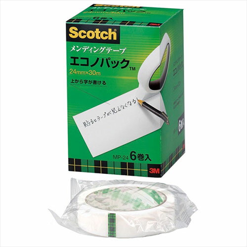 [商品名]3M Scotch スコッチ メンディングテープエコノパック 24mm 3M-MP-24代引き不可商品です。代金引換以外のお支払方法をお選びくださいませ。●マットフィニッシュ(つや消し加工)により貼るとテープはほとんど見えなくなり、ラッピングや封かんが美しく仕上がります。●テープの上から文字が書けます。水性ペン、鉛筆でも可能です。●光らず自然で、指紋のあとも目立ちにくく、コピーをとってもほとんど影が映らないので書類の補修に便利です。●変質・変色しにくく、長期の使用に耐えます。スコッチメンディングテープエコノパック(TM)MP-24,透明,大巻,24mmx30m,6巻/中箱,10中箱/箱生産国…米国パッケージサイズ…105×165×105mmパッケージ重量…463gメンディングテープエコノパック 24mm※入荷状況により、発送日が遅れる場合がございます。電池6本おまけつき（商品とは関係ありません）