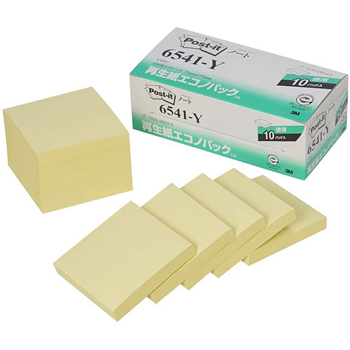 かわいい 雑貨 おしゃれ 3M Post-it ポストイット 再生紙エコノパック ノート イエロー 3M-6541-Y お得 な 送料無料 人気