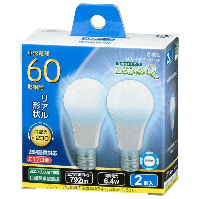 [商品名]OHM LED電球 小形 E17 60形相当 昼光色 2個入 LDA6D-G-E17IH92-2代引き不可商品です。代金引換以外のお支払方法をお選びくださいませ。広配光約230度のLED電球です。サイズ個装サイズ：8×8×4cm重量個装重量：76g生産国中国※入荷状況により、発送日が遅れる場合がございます。光が全方向に広がる小型LED電球広配光約230度のLED電球です。fk094igrjs