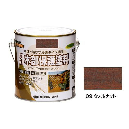 [商品名]ニッペホームペイント 水性木部保護塗料 09 ウォルナット 0.7L代引き不可商品です。代金引換以外のお支払方法をお選びくださいませ。水性タイプなので、初めての方にも手軽に塗装できる木部保護塗料です。内容量0.7Lサイズ個装サイズ：13×15×14cm重量個装重量：950g素材・材質アクリルエマルションペイント仕様水性塗り面積(2回塗り):5〜8平方メートル(タタミ約2〜4枚分)生産国日本※入荷状況により、発送日が遅れる場合がございます。木目を生かす浸透タイプ塗料。※カラーはインターネットでご覧いただくためのデジタルデータです。実際の色とは異なります。※お使いのPCモニターの設定によって、実際の商品と色味が若干異なる場合がございます。ご了承ください。水性タイプなので、初めての方にも手軽に塗装できる木部保護塗料です。fk094igrjs