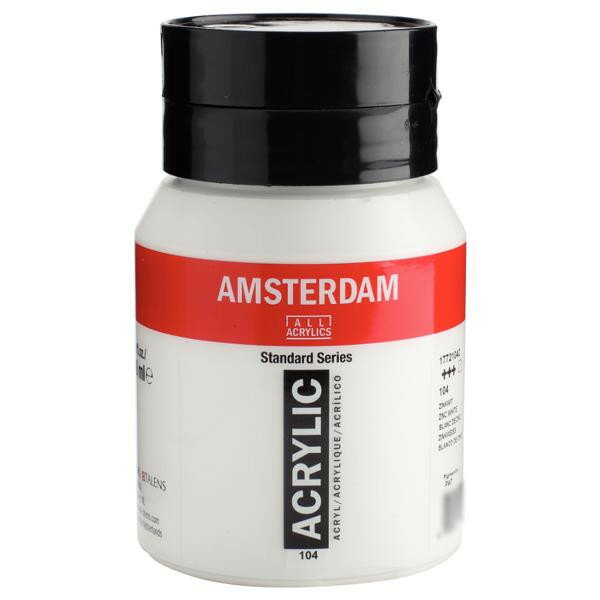 [商品名]AMSTERDAM　アムステルダム　アクリリックカラー500ml　ジンクホワイト104　474870代引き不可商品です。代金引換以外のお支払方法をお選びくださいませ。アクリル樹脂の高い透明度によって色鮮やかに発色する乾燥の早い絵具で、使いやすさも抜群です!サイズ蓋部Φ7×底部Φ8.5×13.5cm個装サイズ：7×9×14cm重量650g個装重量：650g素材・材質顔料、アクリルエマルション生産国オランダ※入荷状況により、発送日が遅れる場合がございます。大作用アクリル絵具です。・顔料は合成顔料が使用されています。・補助剤として分散剤、湿潤剤、増粘剤、pH調整剤、消泡剤、防腐・防カビ剤、凍結安定剤などが添加されています。■アクリル絵具の特長・水で薄めることができ、乾くと耐水性になります。・短い時間で乾燥します。(約1〜2時間)・柔軟性のある丈夫な塗膜をつくります。・接着力が強く、多様な素材に彩色できます。(ガラス、陶器、ナイロン、ポリエチレン、ポリプロピレン、軟質塩化ビニールなど一部の素材を除く)・耐酸性、耐アルカリ性、耐光性に優れ、変色・変質を起こしにくい絵具です。■アクリル絵具の注意点・絵具に含まれる水分が蒸発するため、乾燥後は体積が減少します。・乾燥すると若干色が変わります。アクリル樹脂エマルションは乳白色ですが、水分が蒸発すると透明になるため、色が深みを増して暗く見えます。・乾燥が早く、また乾燥後は水に再溶解しないため修正が困難です。・10度以下の低温では造膜ができず接着力が弱くなるため、冬期屋外での使用には適しません。アクリル樹脂の高い透明度によって色鮮やかに発色する乾燥の早い絵具で、使いやすさも抜群です!fk094igrjs