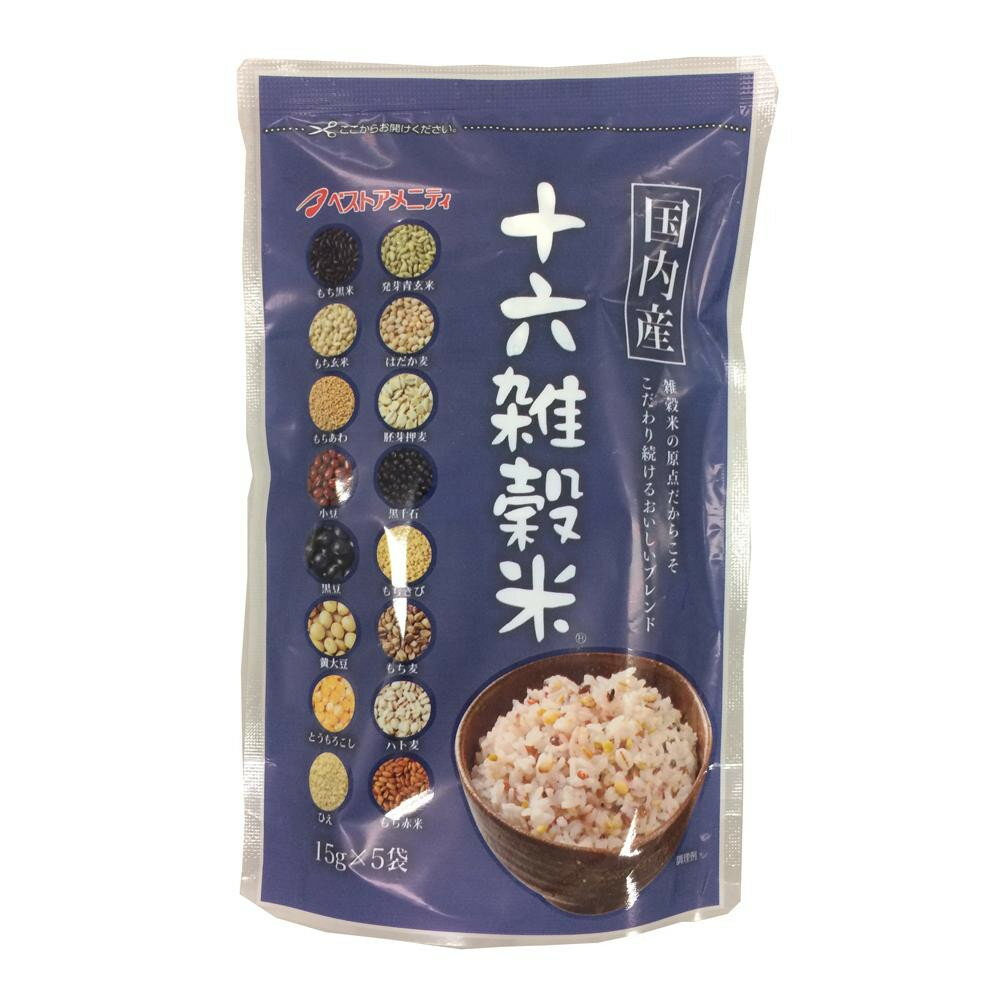 [商品名]雑穀シリーズ 国内産 十六雑穀米(黒千石入り) 75g(15g×5袋) 30入 Z01-025代引き不可商品です。代金引換以外のお支払方法をお選びくださいませ。雑穀ブレンダーがおいしさを追求して絶妙な配合で作り上げた雑穀米。内容量75g(15g×5袋)サイズ190mm×120mm×25mm個装サイズ：31.1×24.1×15.1cm重量85g個装重量：2800g仕様賞味期間：製造日より545日生産国日本※入荷状況により、発送日が遅れる場合がございます。黒千石入りの十六雑穀米です。雑穀ブレンダーがおいしさを追求して絶妙な配合で作り上げた雑穀米。原材料名称：穀物もち玄米(国産)、はだか麦、胚芽押麦、発芽玄米、もち麦、黒大豆(黒千石89％、黒豆11％)、もち黒米、もちきび、黄大豆、もち赤米、ハト麦、もちあわ、小豆、ひえ、とうもろこしアレルギー表示（原材料の一部に以下を含んでいます）卵乳小麦そば落花生えびかに　　　　　　　あわびいかいくらオレンジカシューナッツキウイフルーツ牛肉　　　　　　　くるみごまさけさば大豆鶏肉バナナ　　　　●　　豚肉まつたけももやまいもりんごゼラチン　　　　　　保存方法常温保存製造（販売）者情報【販売者】ベストアメニティ株式会社福岡県久留米市三潴町田川32-3fk094igrjs