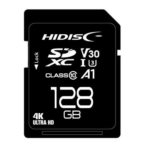 代引き不可商品です。代金引換以外のお支払方法をお選びくださいませ。HIDISC 超高速SDXCカード 128GB CLASS10 UHS-I Speed class3, A1対応SDXC128GB　class10UHS-1　A1　V30Read:90MB/s　Write:60MB/s●規格:SDXC●容量:128GB●スピードクラス:Class10 UHS-I speed class3, v30, A1R/W up to 90/60●ファイルシステム:exFAT●サイズ:32mm×24mm×2.1mm●メーカー保証:1年間●備考:CPRM対応,ECC機能内蔵,●動作電圧:2.7V/3.6V,●動作環境温度:-25℃〜85℃※入荷状況により、発送日が遅れる場合がございます。[商品ジャンル]パソコン フラッシュメモリー SDメモリーカード MMC パソコン フラッシュメモリー SDメモリーカード・MMC TV・オーディオ・カメラ メモリーカード SDメモリーカード スマホ、タブレット、パソコン PCサプライ、アクセサリー メモリーカード SDカード