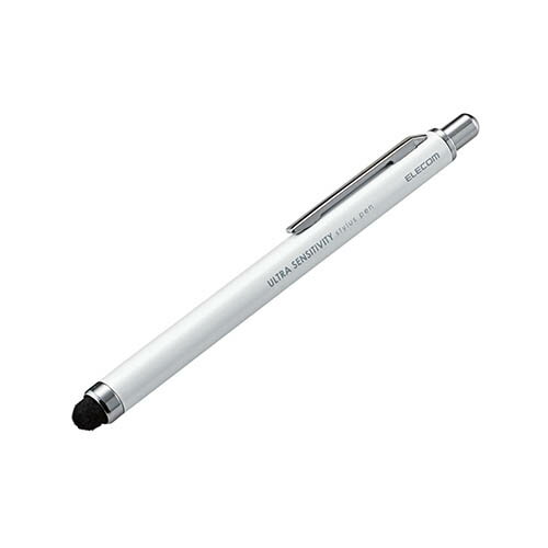 軽いタッチで超反応!ペン先に高密度ファイバーチップを採用し、超感度を実現したスマートフォン用タッチペン。ペン先を収納できるノックタイプ。●ペン先に高密度ファイバーチップを採用し、超感度を実現したスマートフォン用タッチペンです。 ●ペン先を収納でき、ペン先の摩擦や汚れなどを防ぐノックタイプです。 ●高密度ファイバーチップにより、軽い力で滑らかな操作が可能です。 ●ペン先に植毛された繊維が広範囲の接地面積を確保することで、ペン先を押し当てることなく、滑らかに操作できる超感度を実現しました。 ●指先でのタッチ操作と違い、液晶画面を汚さずに操作可能です。 ●タップ操作、スライド操作どちらも快適に行えます。 ●従来品では反応しづらかったガラスフィルムの上からでもストレスなく滑らかな操作が可能です。 ●持ち運びに便利なクリップがついています。●対応機種:各種スマートフォン・タブレット ●外形寸法:長さ約113mm×ペン径約9mm ペン先約6mm ●材質:ペン先:シリコンゴム、ナイロン繊維、本体:アルミニウム ●カラー:ホワイト[商品ジャンル]タッチペン※入荷状況により、発送日が遅れる場合がございます。電池2本おまけつき（商品とは関係ありません）