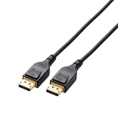 DisplayPort(TM)端子搭載のパソコンなどと、ディスプレイなどを接続し、映像信号と音声信号を伝送できるDisplayPort(TM)ケーブルです。DisplayPort規格Ver1.4認証済みの正規認証ケーブルです。1本のケーブルで、非圧縮デジタルハイビジョン映像信号とマルチチャンネルデジタル音声(サラウンド)信号の伝送、制御信号の双方向通信が可能です。従来バージョンの伝送速度の1.5倍速となる、最大32.4Gbpsの高速伝送が可能です。(DisplayPort規格Ver1.2aとの比較)8K4Kの映像を伝送可能です。パソコン側の1つのDisplyPort(TM)端子から、複数のディスプレイへの映像出力ができるマルチストリーム機能に対応しています。※接続可能なディスプレイの台数は、機器の仕様により異なります。デジタルコンテンツの不正コピーを防止する著作権保護技術であるDPCPやHDCPに対応しています。明暗差を活かした立体感のある映像を伝送することができるHDRに対応しています。ビデオインターフェイスの圧縮規格であるDSCに対応しています。サビなどに強く信号劣化を抑える金メッキピン・金メッキコネクタを採用しています。外部ノイズの干渉から信号を保護する3重シールドケーブルを採用しています。EUの「RoHS指令(電気・電子機器に対する特定有害物質の使用制限)」に準拠した環境にやさしい製品です。下位互換が可能なので、DisplayPort規格Ver1.4に対応していないパソコン・機器でもそのまま接続可能です。●対応映像出力機器:DisplayPort端子を搭載したパソコン・AV機器等●対応映像表示機器:DisplayPort端子を搭載したディスプレイ・プロジェクター等●コネクタ形状:DisplayPort(オス)-DisplayPort(オス)●ケーブル長:2.0m●ケーブル太さ:4.5mm●カラー:ブラック●プラグメッキ仕様:金メッキピン・金メッキコネクタ●シールド方法:3重シールド●規格:DisplayPort規格Ver1.4認証済(DPCP/HDCP対応)●対応解像度:8K4K(UHD,7680×4320)/60p●データレート:最大32.4Gbps●環境配慮事項:EU RoHS指令準拠[商品ジャンル]elecom : パソコン周辺機器 : パソコン周辺機器 : ケーブル※入荷状況により、発送日が遅れる場合がございます。電池1本おまけつき（商品とは関係ありません）