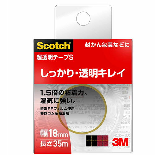 [商品名]【10個セット】 3M Scotch スコッチ 超透明テープS 18mm×35m 3M-600-1-18CNX10代引き不可商品です。代金引換以外のお支払方法をお選びくださいませ。スコッチ 超透明テープS 18mm×35m●特殊ゴム系粘着剤の採用で、粘着力をアップした超透明テープなので、しっかり貼れてはがれにくい。●当社「スコッチ(R)　メンディングテープ」との比較で約1.5倍の粘着力を実現。フイルム素材にもしっかり貼れる●長時間経っても黄ばみにくく、湿気に強いのでキレイが長続きする。郵便物の封かんにも。●基材:特殊ポリプロピレンフィルム、粘着剤:特殊ゴム系粘着剤生産国…日本1個当たりのパッケージサイズ…62×62×22mm1個当たりのパッケージ重量…34g※入荷状況により、発送日が遅れる場合がございます。電池1本おまけつき（商品とは関係ありません）