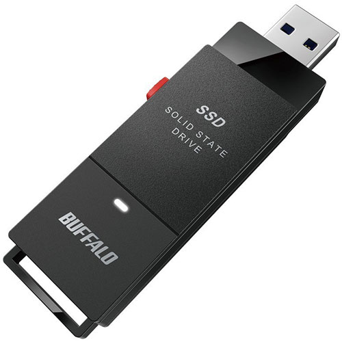 [商品名]BUFFALO バッファロー 外付けSSD 1TB ブラック SSD-SCT1.0U3BA代引き不可商品です。代金引換以外のお支払方法をお選びくださいませ。外付けSSD 1TB ブラック●SSDならではの高速転送 SSDを内蔵しているPCのパフォーマンスを発揮するには、外付けのストレージもSSDが適しています。USB 3.2(Gen2)対応した本商品は、当社スタンダードモデル(SSD-PGCU3C)と比べ、データのコピー速度がグンとアップします。 ●USB TypeA-C変換アダプター同梱USB TypeA-C変換アダプターを同梱。変換アダプターをご利用いただくことで、USB Type-C端子しかついていないパソコンでも本商品をご利用いただけます。 ●ケーブルレス ACアダプタやケーブルが不要。キャップを失くす心配のない、スライドタイプ。片手でかんたんに使えて、見た目もスマートです。 ●ケーブル不要で直接つながる ケーブルレスだからパソコンに直接つなげることができます。手元でケーブルが邪魔になることがありません。 ●持ち運びやすい 鞄やポーチ等の収納スペースを圧迫しません。 ●単三アルカリ乾電池よりも軽い本体重量はたったの約17g。一般的な単三アルカリ乾電池よりも軽いので、持ち運びの際の負担が軽減されます。 ●SSDだから動作音が気にならない SSDは動作音を聞き取ることができないほど静か。HDDのようにドライブの回転音やシーク音、ファンの音が鳴らないため、寝室に置いても睡眠を妨げることがありません。 ●米国規格MIL-STD準拠の耐衝撃 米国MIL規格「MIL-STD-810G 516.6 procedure IV」準拠。万が一の落下による衝撃から保存されたデータを守ります。 ●テレビの背面に取り付けてすっきり設置 正面から見えない位置に取り付ければテレビ周りもすっきりします。バスパワーで電源を供給できるためACアダプタが不要。テレビに直接接続できます。 ●各社メーカーのテレビで動作検証済 各社メーカー製液晶テレビに対応。録画に対応するテレビと接続して、本製品に番組を録画・再生することができます。セキュリティー:SecureLock Mobile2(暗号化:AES 256bitソフトウェア方式)インターフェース:USB 3.2(Gen 2)/3.2(Gen 1)/3.1(Gen 2)/3.1(Gen 1)/3.0/2.0端子数:1端子形状:Type-A電源:USBバスパワー本体寸法(幅×高さ×奥行):23×11×68.2mm※突起物含まず本体質量:約17g動作保証環境・温度:5〜35℃・湿度:10〜85% ※結露なきこと保証期間:1年間主な付属品:USB TypeA-C変換アダプター、取扱説明書(保証書)※ユーティリティーはダウンロードにて配付(DiskFormatter2、SecureLock Mobile2、データ消去ユーティリティー)※保証書は取扱説明書に記載※入荷状況により、発送日が遅れる場合がございます。電池3本おまけつき（商品とは関係ありません）