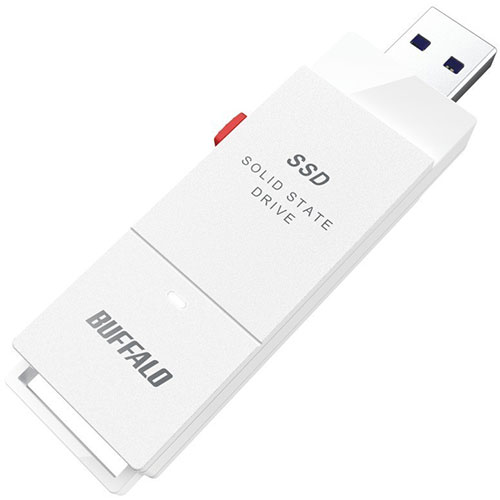 [商品名]BUFFALO バッファロー 外付けSSD 2TB ホワイト SSD-SCT2.0U3WA代引き不可商品です。代金引換以外のお支払方法をお選びくださいませ。外付けSSD 2TB ホワイト●SSDならではの高速転送 SSDを内蔵しているPCのパフォーマンスを発揮するには、外付けのストレージもSSDが適しています。USB 3.2(Gen2)対応した本商品は、当社スタンダードモデル(SSD-PGCU3C)と比べ、データのコピー速度がグンとアップします。 ●USB TypeA-C変換アダプター同梱USB TypeA-C変換アダプターを同梱。変換アダプターをご利用いただくことで、USB Type-C端子しかついていないパソコンでも本商品をご利用いただけます。 ●ケーブルレス ACアダプタやケーブルが不要。キャップを失くす心配のない、スライドタイプ。片手でかんたんに使えて、見た目もスマートです。 ●ケーブル不要で直接つながる ケーブルレスだからパソコンに直接つなげることができます。手元でケーブルが邪魔になることがありません。 ●持ち運びやすい 鞄やポーチ等の収納スペースを圧迫しません。 ●単三アルカリ乾電池よりも軽い本体重量はたったの約17g。一般的な単三アルカリ乾電池よりも軽いので、持ち運びの際の負担が軽減されます。 ●SSDだから動作音が気にならない SSDは動作音を聞き取ることができないほど静か。HDDのようにドライブの回転音やシーク音、ファンの音が鳴らないため、寝室に置いても睡眠を妨げることがありません。 ●米国規格MIL-STD準拠の耐衝撃 米国MIL規格「MIL-STD-810G 516.6 procedure IV」準拠。万が一の落下による衝撃から保存されたデータを守ります。 ●テレビの背面に取り付けてすっきり設置 正面から見えない位置に取り付ければテレビ周りもすっきりします。バスパワーで電源を供給できるためACアダプタが不要。テレビに直接接続できます。 ●各社メーカーのテレビで動作検証済 各社メーカー製液晶テレビに対応。録画に対応するテレビと接続して、本製品に番組を録画・再生することができます。セキュリティー:SecureLock Mobile2(暗号化:AES 256bitソフトウェア方式)インターフェース:USB 3.2(Gen 2)/3.2(Gen 1)/3.1(Gen 2)/3.1(Gen 1)/3.0/2.0端子数:1端子形状:Type-A電源:USBバスパワー本体寸法(幅×高さ×奥行):23×11×68.2mm※突起物含まず本体質量:約17g動作保証環境・温度:5〜35℃・湿度:10〜85% ※結露なきこと保証期間:1年間主な付属品:USB TypeA-C変換アダプター、取扱説明書(保証書)※ユーティリティーはダウンロードにて配付(DiskFormatter2、SecureLock Mobile2、データ消去ユーティリティー)※保証書は取扱説明書に記載※入荷状況により、発送日が遅れる場合がございます。