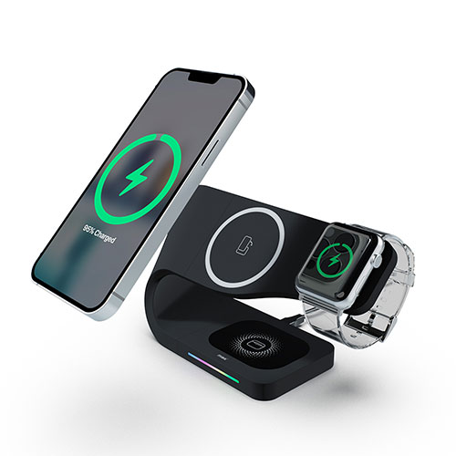 miak 3in1 Wave ワイヤレス充電スタンド ブラック MK52118BK | Bluetooth wifi 無線 ワイヤレス 関連単語 充電器 ブルートゥース イヤホン スピーカー マウス 送信機 トランスミッター 変換 機器 ルーター 中継器 usb 充電 キーボード