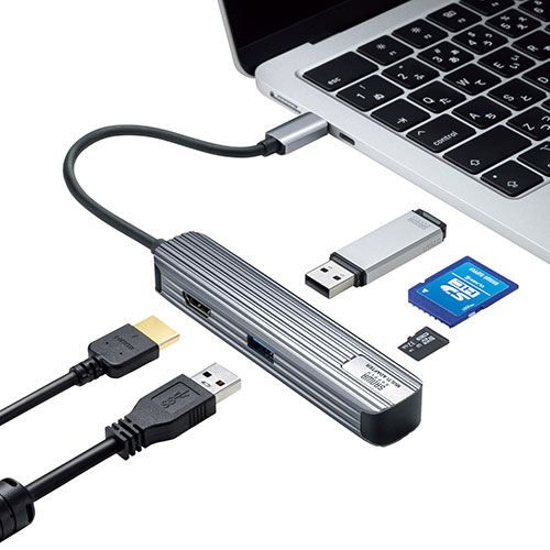 サンワサプライ USB Type-Cマルチ変換アダプタ(HDMI+カードリーダー付) USB-3TCHC5S | パソコン 周辺機器 関連：コンセント 充電器 延長 タイプ メモリー アダプタ ハブ 容量 ケーブル 充電 変換 type usbメモリ