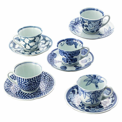 波佐見焼 古伊万里青磁絵 珈琲碗皿5客揃 碗φ8.5×6.5cm、皿φ14.8×2.5cm B1155580 食器 コップ タンブラ..