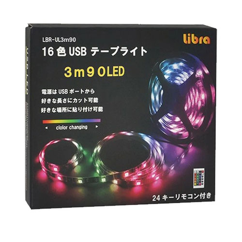 Libra USB LEDテープライト 3m LED90灯 16カラー リモコン付 LBR-UL3M90 Libra USB LEDテープライト 3m LED90灯 16カラー リモコン付 LBR-UL3M90
