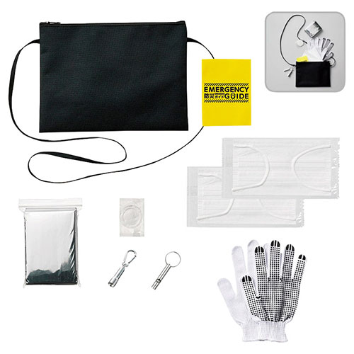 防災緊急8点セット サコッシュタイプ (サコッシュ・カラビナLEDライト・ホイッスル・アルミシート・軍手・圧縮タオル・防災ガイド・マスク) 22558401 ア...