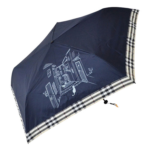 三国 MKN 50cm軽量コンパクトミニ傘 チェック切継ぎと猫(トートバッグ) ネイビー A3112304 鞄 かばん |..