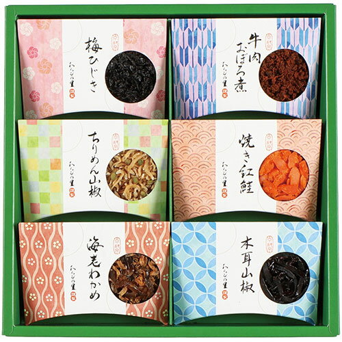 京・料亭 わらびの里 京楽味【木耳山椒・梅ひじき・海老わかめ(各30g)・ちりめん山椒・焼き紅鮭・牛肉おぼろ煮(各20g)×各1】 V6075510 食品 佃煮 詰合せ セット ギフト | 関連単語 御歳暮 御中元 かつおぶし 母の日 父の日 入学 成人 祝い 敬老 バラエティー 缶詰
