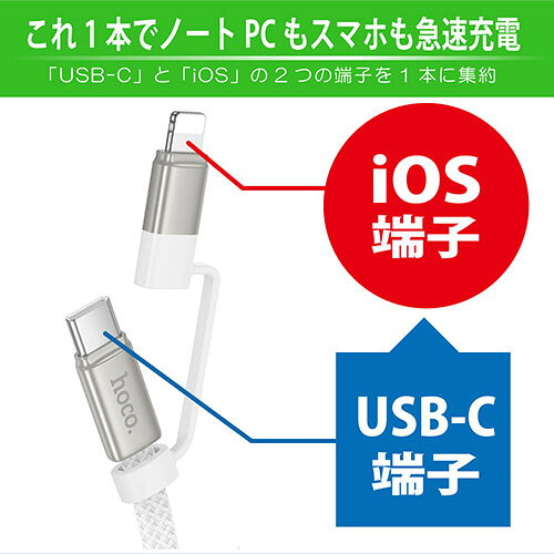 hoco. X125 2-IN-1ケーブル USB-C to USB-C接続・USB-C to iOS接続に切替できる ホワイト X125-2IN1-WH 人気 おすすめ PC パソコン スマホ タブレット | 関連単語 iPhone パーツ iPad 周辺機器 メモリ Android ドライブ USB ストレージ フラッシュメモリー ssk-1-21336490 創造生活館 サンプル画像3