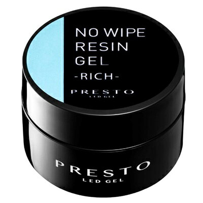 商品名PRESTO（プレスト）ノーワイプレジンジェル（リッチ） 8g仕様■内容量：8g大きなパーツの固定に最適もっちりとしたテクスチャーで、すっと広がりなじむ操作性。大きなパーツの固定や、球体パールなどのコーティングにおすすめのパーツ固定用ジェルです。【メーカー推奨硬化時間】LED：20秒UV（36W）：60秒〜PRESTO（プレスト）〜2009年の誕生から10年を超え、PRESTOは大きく生まれ変わります。ブランドとして守り続けてきた「品質の良さ」「安心・安全」はそのままに、性別・年代・環境問わず、「あなたのブランド」としての存在へ。技術を提供するネイリストだからこそ、自信を持って目の前にいる大切なお客様との時間を過ごし、商品を通して一緒に信頼を提供できるように、あなたの自信となるブランドへ。広告文責 有限会社ワイズギフト電話番号 050-3612-6714メーカー名 PRESTO生産国 日本商品区分 化粧品＊当店の化粧品は、適切な環境で保管しています。また、化粧品の使用期限につきましても厳格に管理しています。安心して、お買い求めください