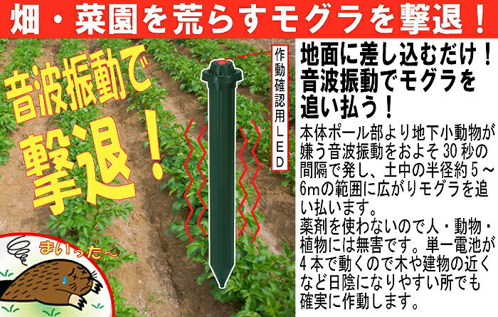 もぐら 撃退 モグラ対策 薬剤等と違い、人・動物・植物には無害 ラクラク モグラ撃退器　電池式