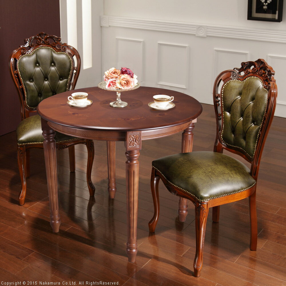 イタリア 家具 ヨーロピアン ヴェローナクラシック ダイニング3点セット:テーブル幅90cm+チェア-革張り2脚 猫脚 レザー ヨーロッパ家具 クラシック 輸入家具 アンティーク風 イタリア製 ブラウン おしゃれ 高級感 エレガント 木製 天然木 リモート テレワーク 在宅