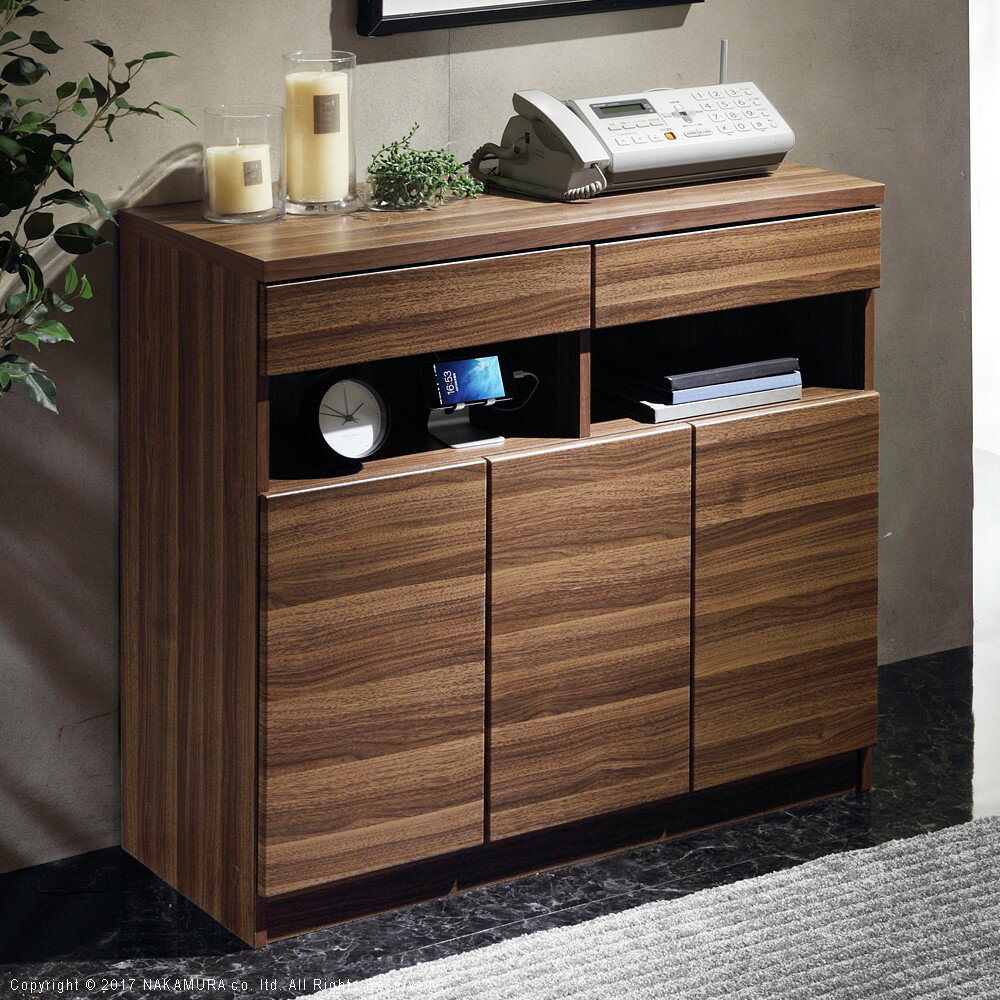 キャビネット 北欧 チェスト 配線収納付きリビングキャビネット 〔ステラキャビネット〕 幅90cm ファックス台 電話台 ルーター収納 Fax台 モデム収納 プリンターラック プリンター台 チェスト ウォールナット 木目調 リビング収納 引き出し おしゃれ