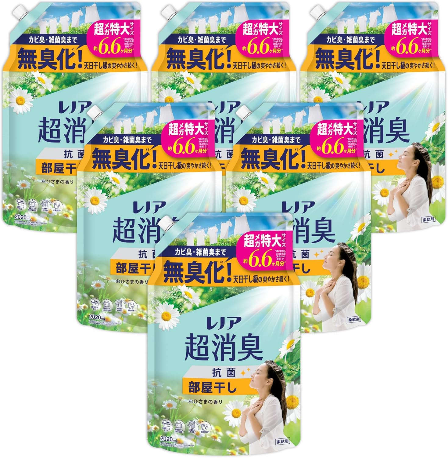 [まとめ買い]レノア 超消臭1WEEK 柔軟剤 部屋干し おひさまの香り 詰め替え 2020mL [大容量]×6個セット