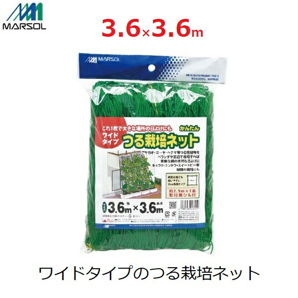 マルソル かんたんつる栽培ネット ワイドタイプ グリーンカーテン 10cm角目 3.6×3.6m 取付ロープ付 ベランダ栽培 ゴーヤ アサガオ きゅうり