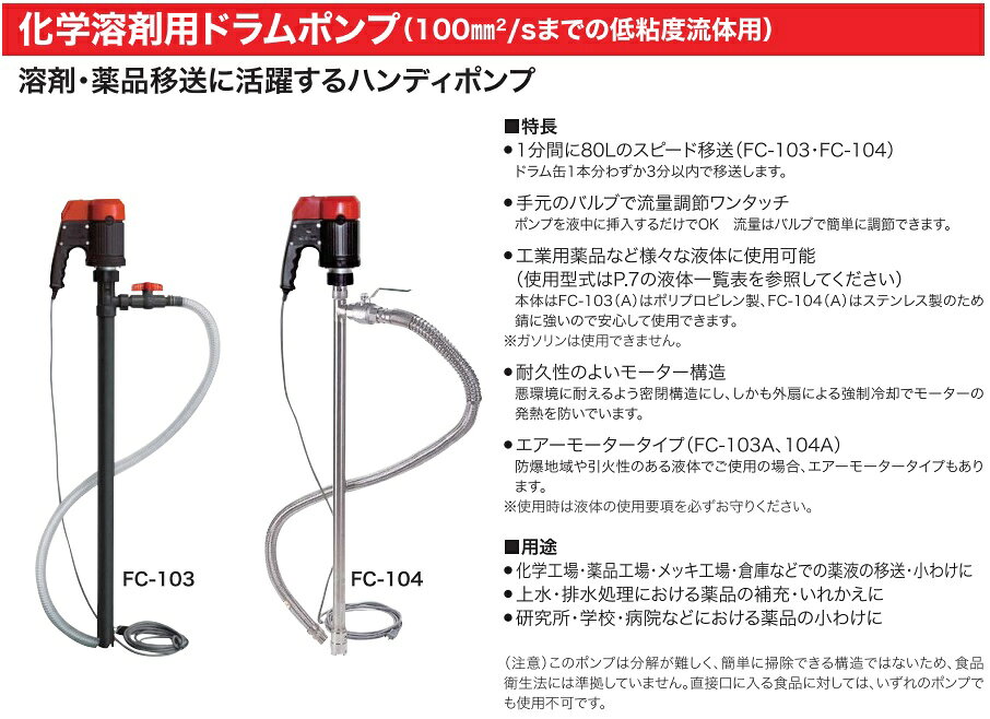 S.S.Nの工進 ケミカルポンプ 化学溶剤用 電動ドラムポンプ FC103 100V ハンディポンプ フィルポンプ｜アングル2