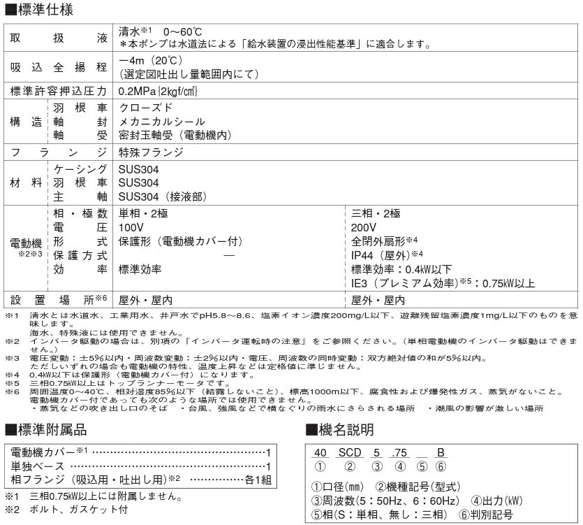 エバラポンプ 渦巻ポンプ ステンレス製 40SCD6.75B 40mm 0.75kw 60HZ 200V 循環ポンプ 給水ポンプ 渦巻きポンプ モーターポンプ 荏原ポンプ 3