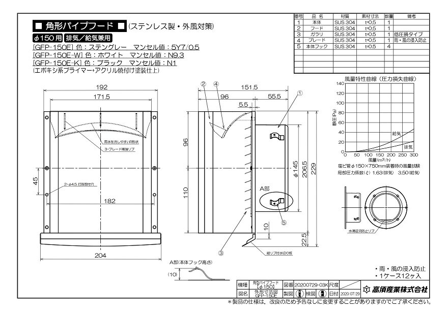 高須産業 換気扇フード 屋外フード GFP-150E-K 150mm パイプフード パイプファン 外壁用換気扇 角型フード 角型パイプフード ブラック 黒 ステンレス製 3