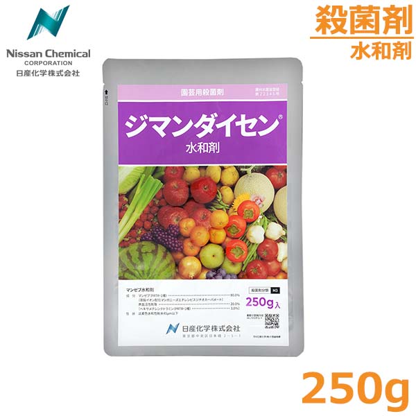 ※この商品はメール便での配送商品です。 　代金引換不可・配送日時指定不可商品となります。 　ご了承の上ご購入下さい。 送料やメール便についてご不明点がございましたら、 下記のリンクから内容をご確認ください。↓ ★メール便についてご確認ください。 ・殺菌剤 ・幅広い種類の病害防除に役立ちます。 ・付着力と耐雨性に優れた製剤粒子構造により、効果が持続します。 ・果樹や多種類の野菜など、広範な作物に登録があります。 ・みかん・かんきつの黒点病、ばれいしょの疫病、てんさいの褐斑病は無人航空機による防除が可能です。 ・性状：淡黄色水和性粉末 45μm以下 ・登録番号：農林水産省登録第 22345号 ・人畜毒性：普通物 ・有効成分：マンゼブ80.0%