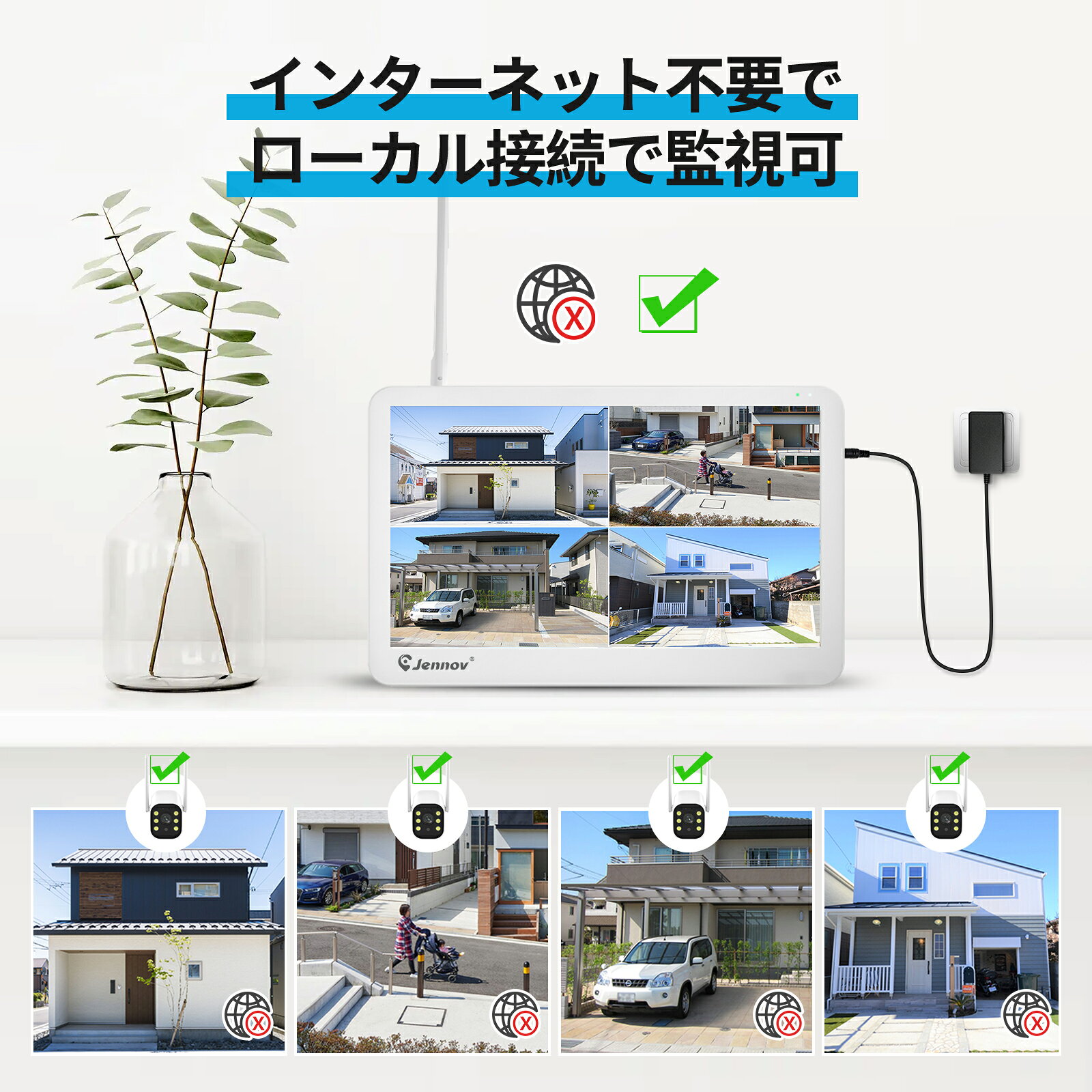 工事不要・すぐ使える 500万画素 防犯カメラ 4台 モニター一体型録画機 セット ワイヤレス 屋外 IP66 防犯灯 発光威嚇 ssr18-10000536 三四郎ストア サンプル画像2