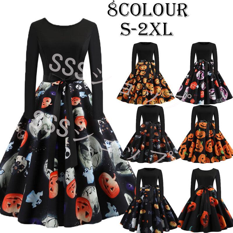 レディース ドレス クリスマス ハロウイン仮装 コスチューム 大人 ハロウィーン サンタクロース コスチューム仮装 大人用 cosplay 北欧風 HAPPY HALLOWEEN パーティー ステージ スカート かぼちゃ ワンピース イベント クリスマス パーティ S-2XL