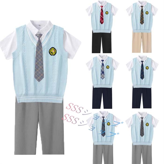 2025新作 dk 制服 5点セット ニットベスト半袖制服 男子ズボンセット 入学 高校 中学 学生服 なんちゃって制服 レディース 制服 セット 男子半袖制服セット カップルセットXS-5XL