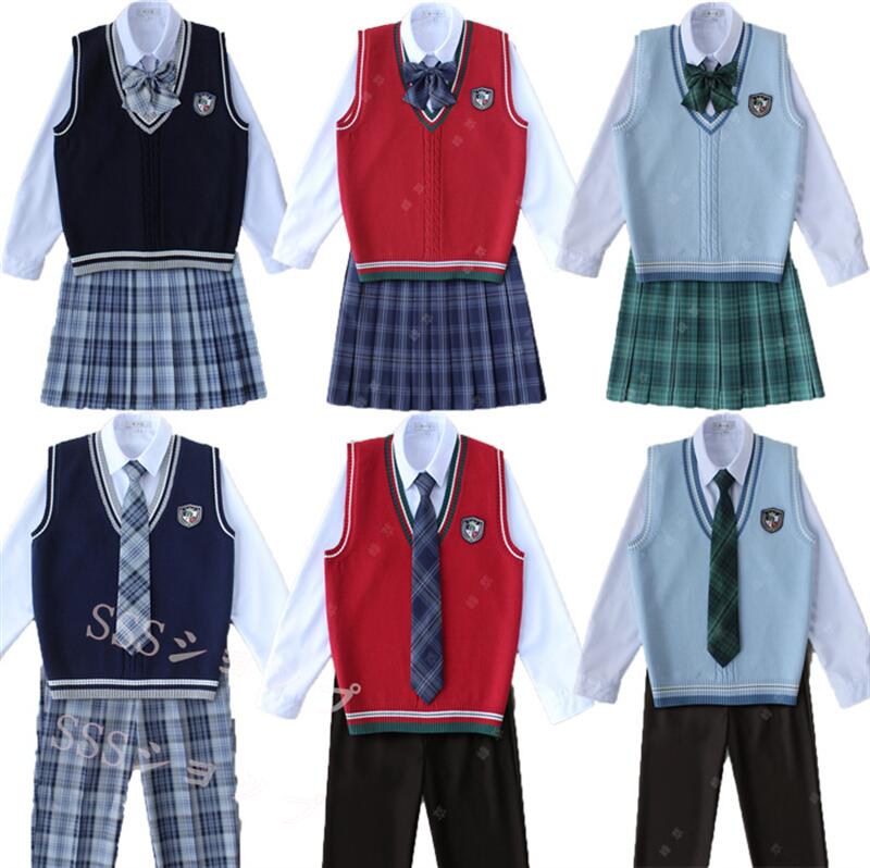 jk 制服 5点セット ニットベスト　制服 リボン　チェック柄 プリーツスカート　女子 スカートセット 男子ズボンセット 入学 高校 中学 学生服　なんちゃって制服 女子高生スカート レディース 制服 セット 男子制服セット カップルセット130-4XL