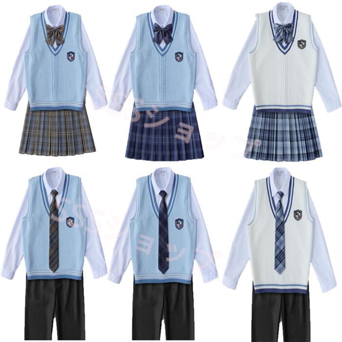 商品紹介 jk 制服 ニットベスト5点セット 男/女制服 カップルセット 女子 スカートセット 男子ズボンセット 入学 高校 中学 学生服 130-4XL 素材:ポリエステル 商品内容: 女子：ベスト+シャツ+スカート+蝶結び+ワッペン 贈...