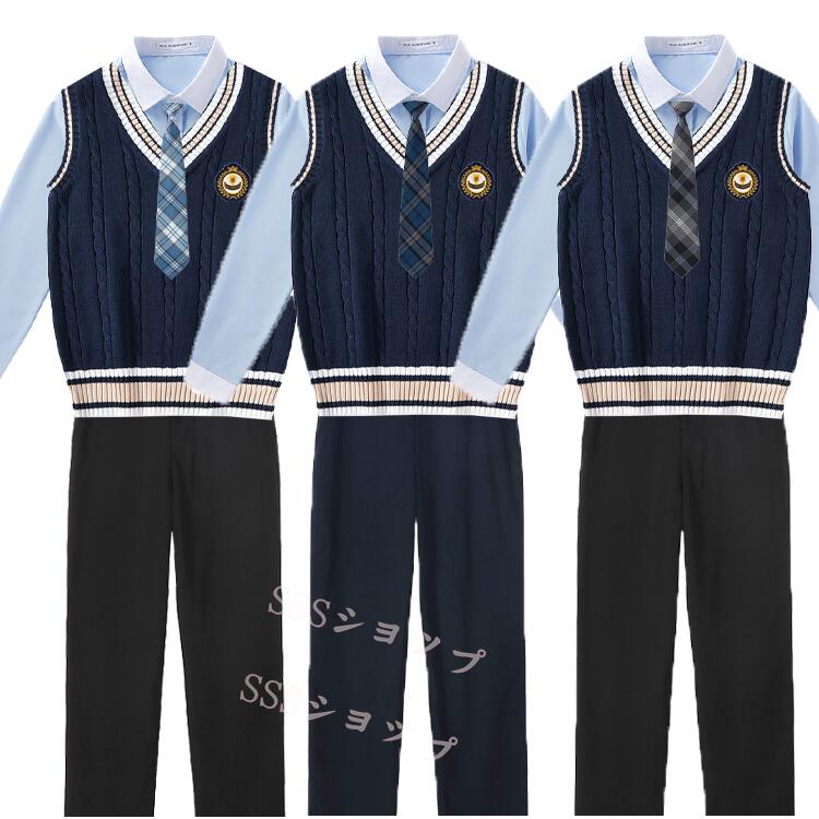 dk 制服 5点セット 長袖シャツ+ズボン+ニットベスト+ネクタイ+ワッペン 制服ズボン5点セット 男子ズボンセット 入学 高校 中学 学生服 なんちゃって制服 男子制服セット 秋冬 春 夏S--3XL