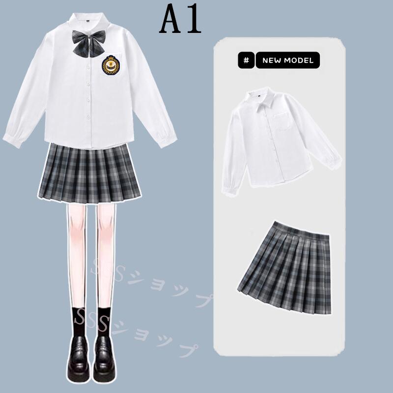 制服女子高生 高校生 スカート長 袖シャツ ワッペン 4点セット 　JK コスプレ セーラー服 コスチューム コスプレ 衣装 学生 スクール ギャル ファッション レディース チエック柄　ギャル服 制服4点セット JK制服 プリーツスカート XS-5XL