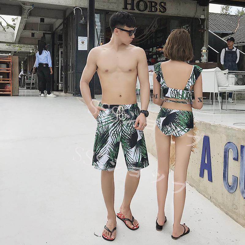 水着 カップル水着メンズ レディース水着 タンキニ 小胸 カップルお揃い ビーチ水着/M/L/XL ビーチパンツ ワイヤーあり 4点セット　ビキニ3点セット+メンズパンツ ペア水着 短パン ママ 水着 体型カバー ビーチパンツ 旅行 まとめ買いでお得！