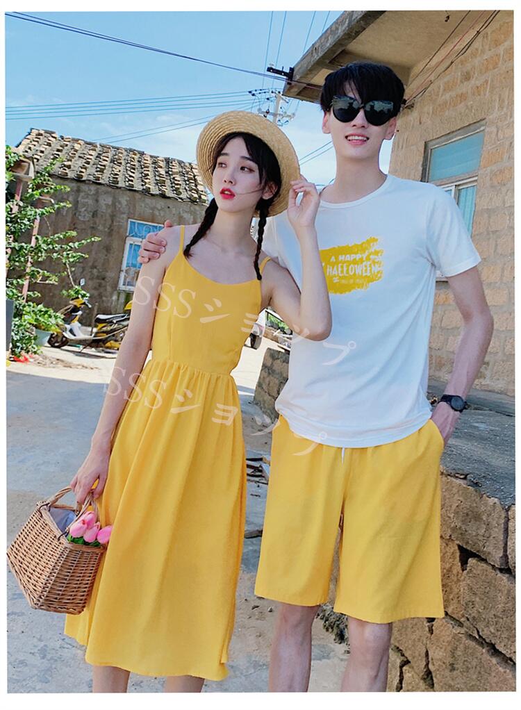 ペアルック ワンピース カップルセットアップ 膝下丈ワンピース 男性Tシャツ上下2点セット+女性ワンピース 花柄/半袖　レディース　メンス　 ビーチ　Tシャツ　夏ワンピース　 夏 恋人　プレゼント　ご夫婦　家族　カジュアル デート 遊び 旅行 恋人 夫婦 記念日 お祝い