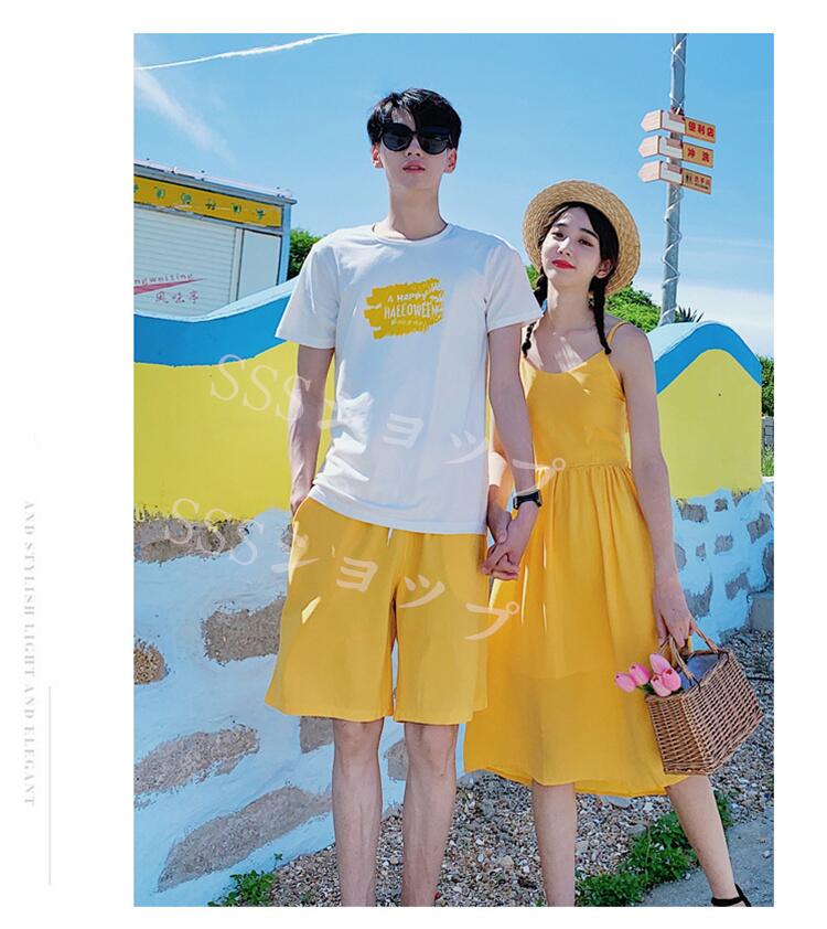 ペアルック ワンピース カップルセットアップ 膝下丈ワンピース 男性Tシャツ上下2点セット+女性ワンピース 花柄/半袖　レディース　メンス　 ビーチ　Tシャツ　夏ワンピース　 夏 恋人　プレゼント　ご夫婦　家族　カジュアル デート 遊び 旅行 恋人 夫婦 記念日 お祝い
