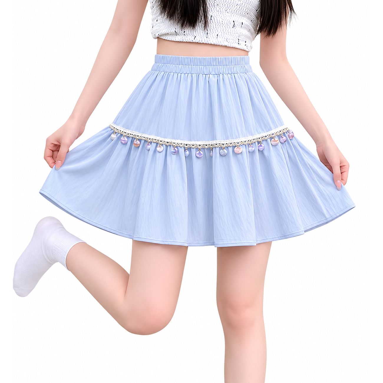 乐天商城 - 【シェル風】ミニスカート レディース 夏 Aライン ショート丈 ミニ丈 スカート ボトムス ウエストゴム 楽ちん 薄手 貝殻風 ビーズ フリンジ リゾート ビーチ 海 旅行 フェス デート ゆったり 体型カバー 着痩せ 脚長 美脚 水色 ティアード風