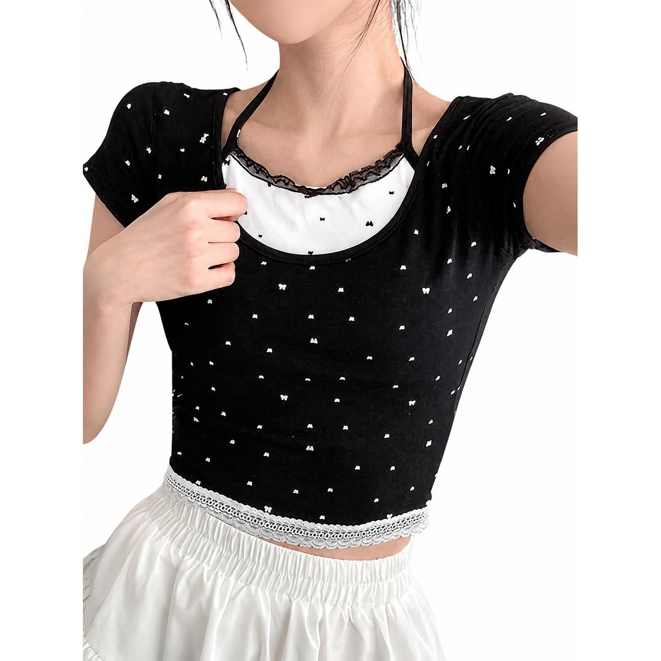 【フェイクレイヤード】 Tシャツ レディース 半袖 ホルターネック 重ね着風 トップス ショート丈 クロップド チビT カットソー レース リボン柄 ドット へそ出し タイト スリム サブカル ガーリー 地雷系 量産型 Y2K 韓国 春 夏 黒 白