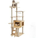 キャットタワー 木製 据え置き 高さ185cm 多頭飼い 安定 木登りタワー 猫タワー 組み立て 多機能 爪とぎ ポール ペットベッド 猫用品 爪研ぎ 麻 ボー...